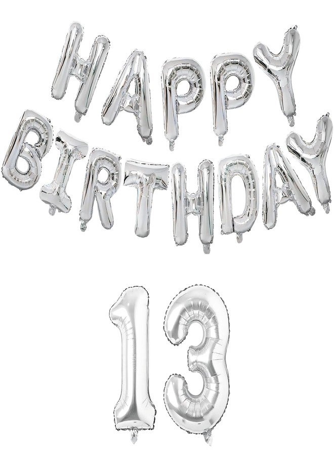 Flyloons 13th Silver Happy Birthday Foil Balloon Set for 13 Year Old Boys Girls Teenage | with Number Thirteen | 13 Letters Reusable Happy Birthday Metallic Foil Balloons Decoration Kit,15 piece - Image 1